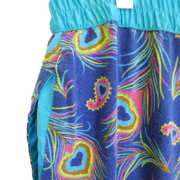 Nick and Nora Pajama Pants Blue Peacock Feather Hearts Drawstring Bottoms S - Picture 2 of 8